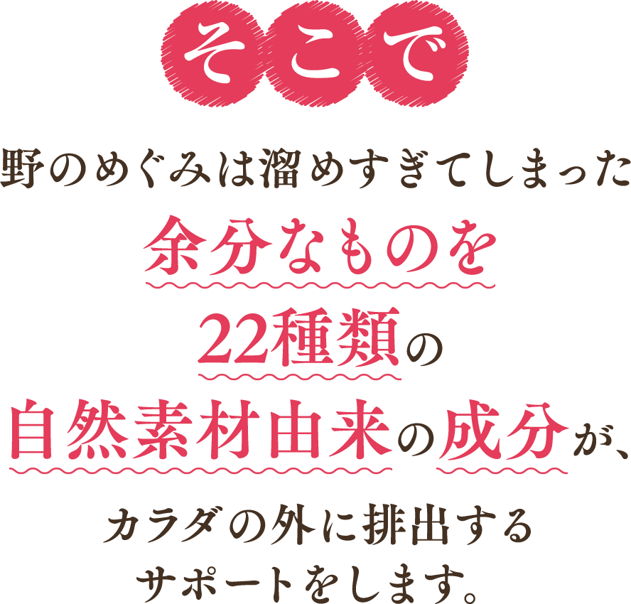 野のめぐみは溜めすぎてしまった余分なものを22種類の自然素材由来の成分が、カラダの外に排出するサポートをします。
