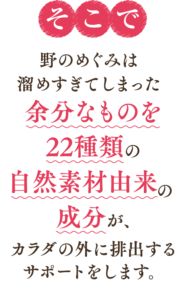 野のめぐみは溜めすぎてしまった余分なものを22種類の自然素材由来の成分が、カラダの外に排出するサポートをします。